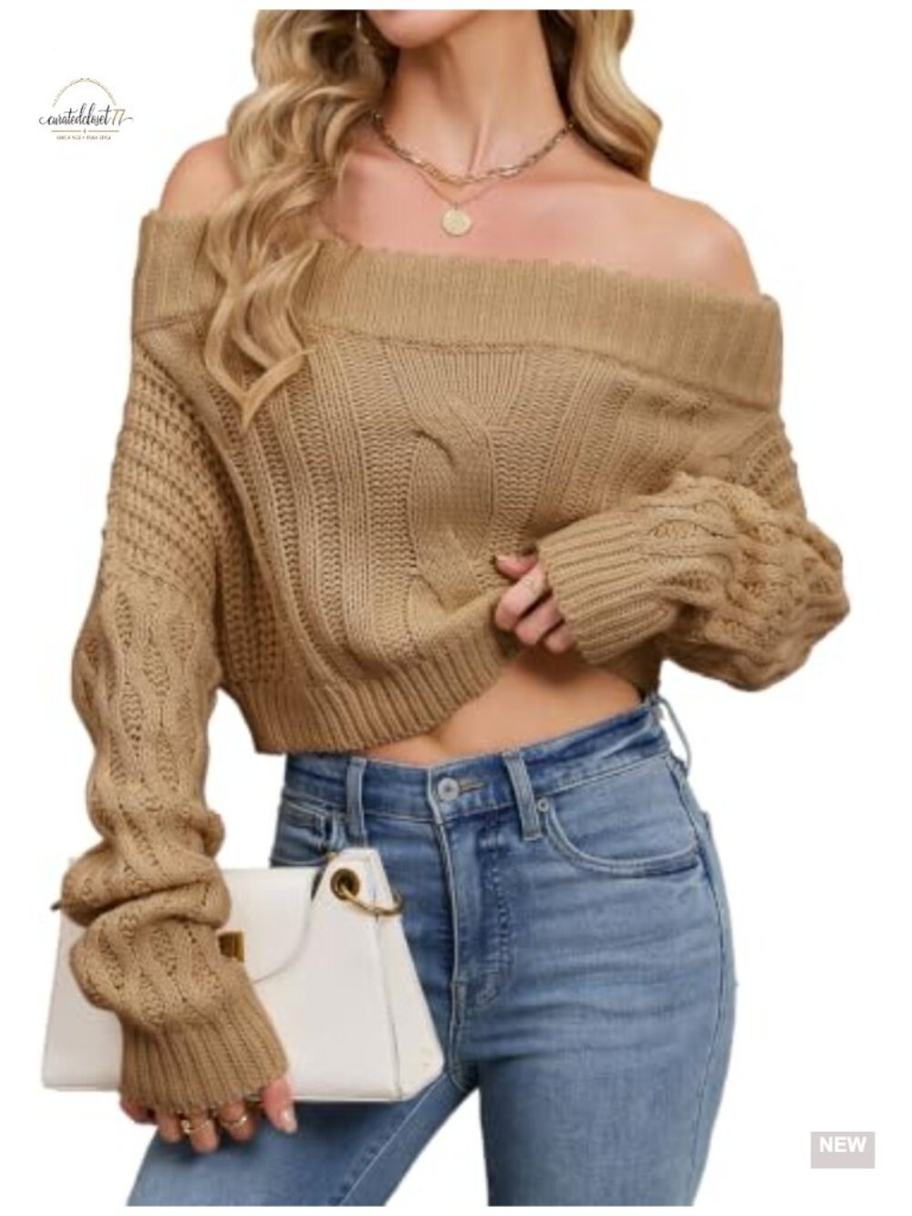 Off the Shoulder Sweater Women Cropped Cable Knit 100% Acrylic Pullover